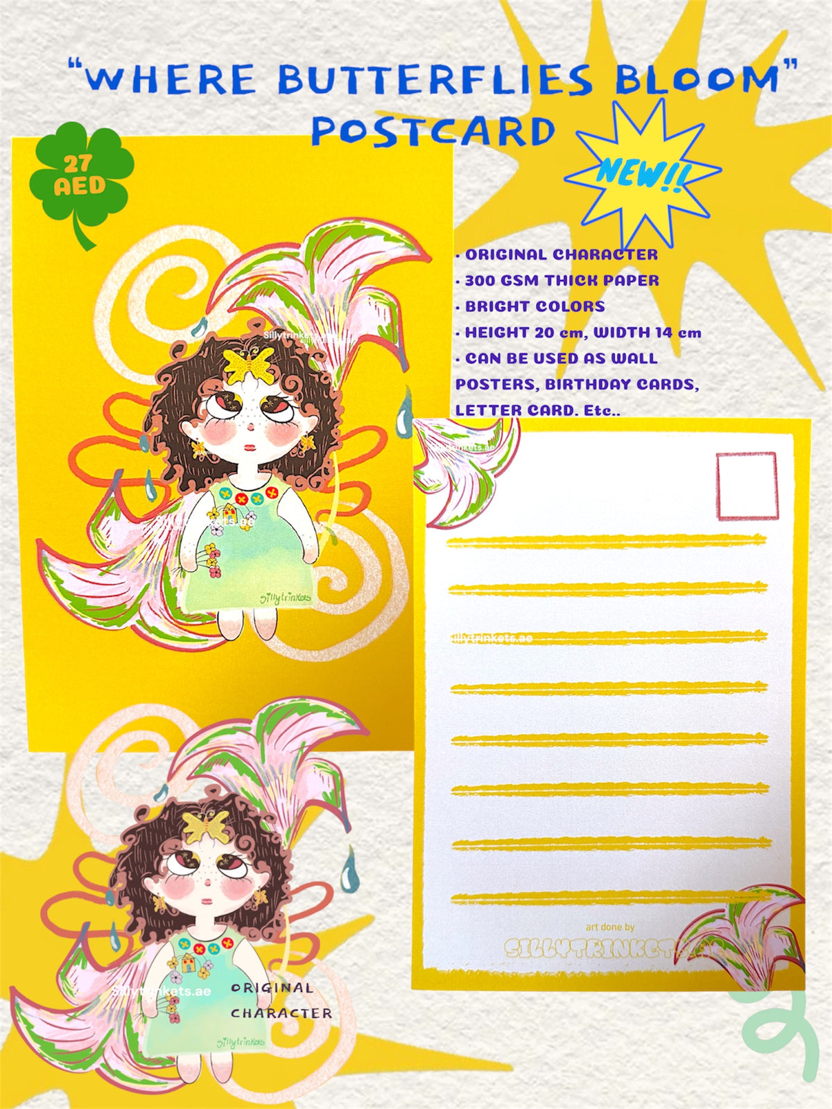 Where butterflies bloom postcard featuring OC character 🌟🫶🏻