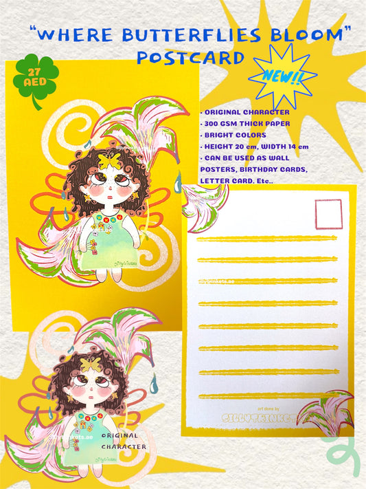 Where butterflies bloom postcard featuring OC character 🌟🫶🏻